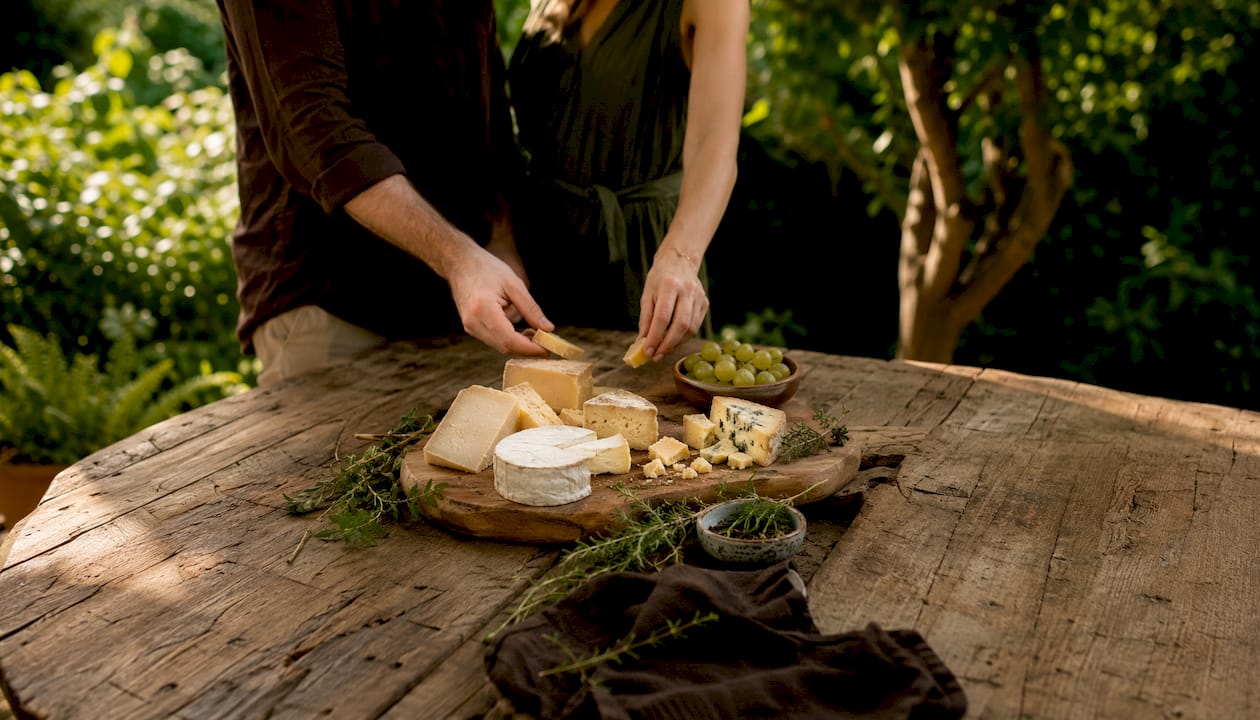 Im Feinkostgeschäft wird der Käse von Hand geschnitten.
