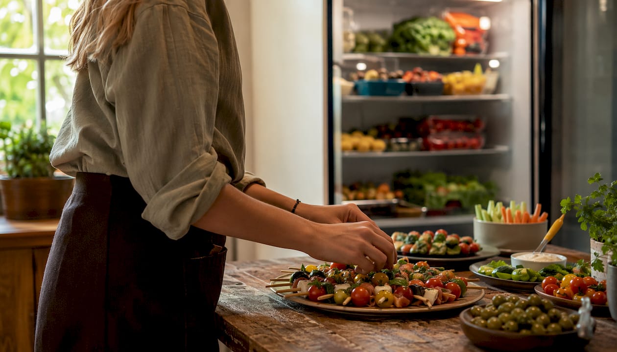 Fingerfood-spiesjes worden met de hand voorbereid en daarna in de koelkast bewaard.