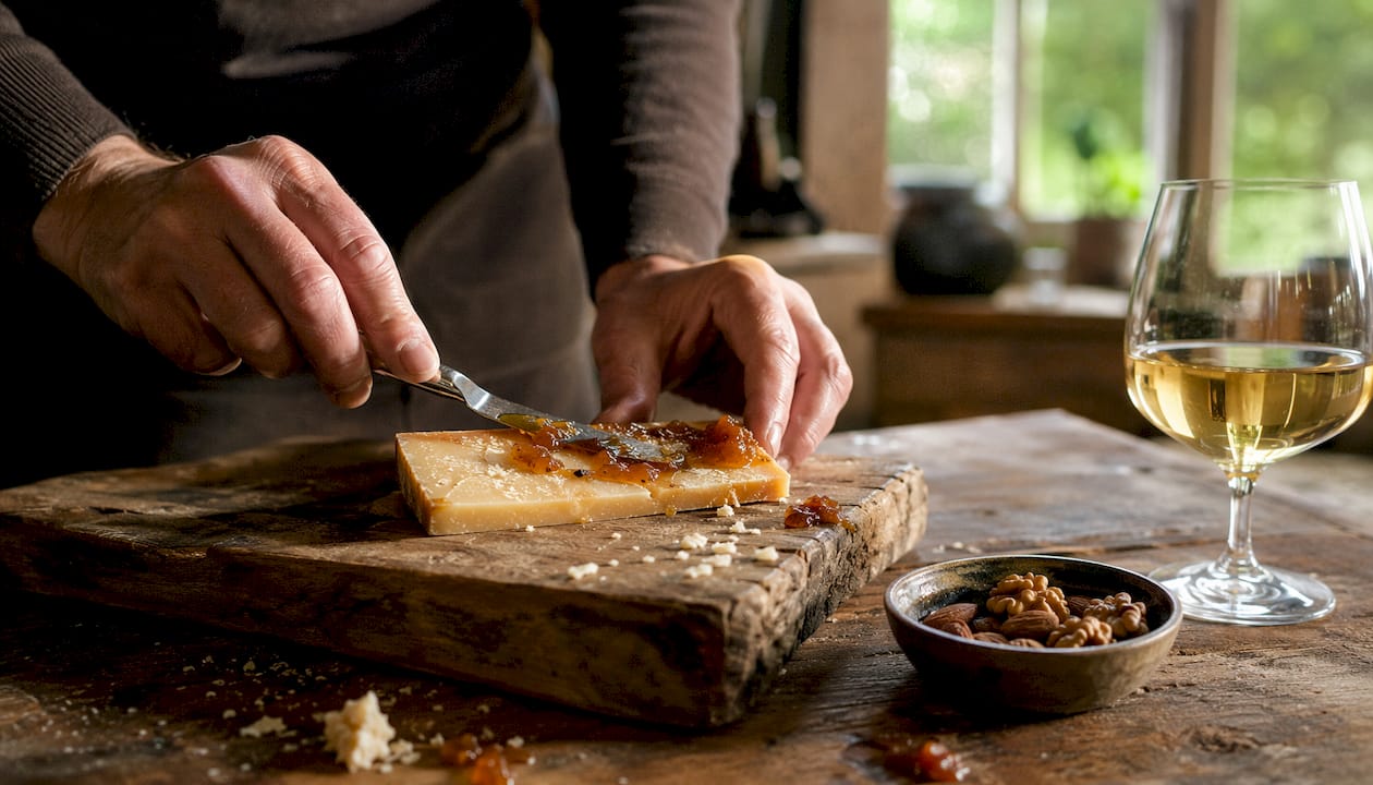 Met een hand wordt chutney liefdevol op een selectie gerijpte kazen gesmeerd.