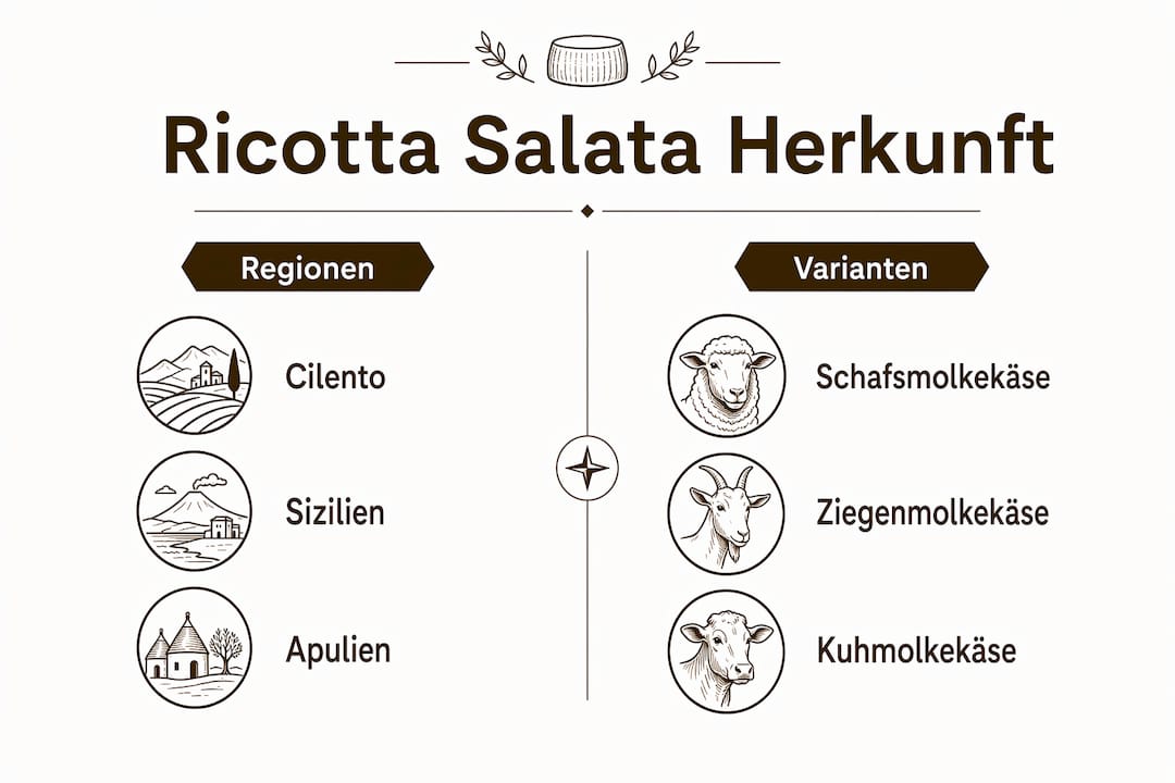 Grafische Übersicht: Ursprung und verschiedene Sorten von Ricotta Salata