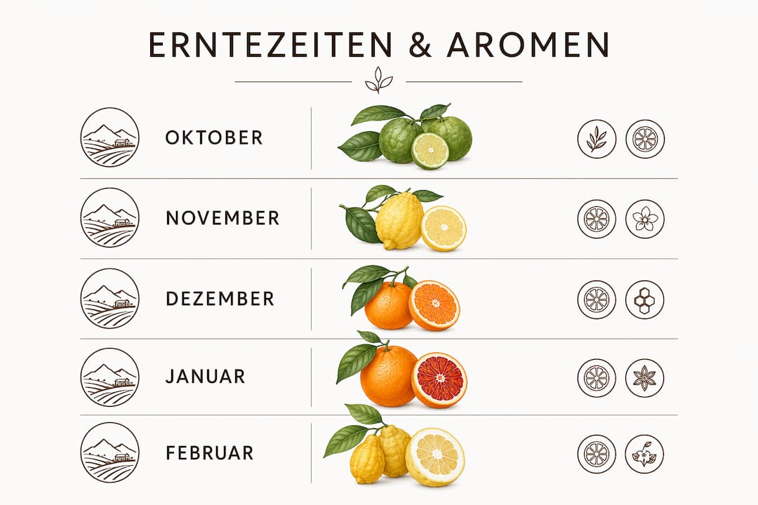 Übersicht der Erntezeiten und Geschmacksprofile kalabrischer Zitrusfrüchte – alles auf einen Blick in einer anschaulichen Infografik.