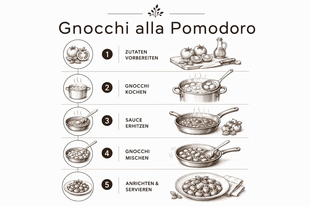 Schritt-für-Schritt-Anleitung: Gnocchi mit Tomatensauce einfach selbst gemacht – Infografik