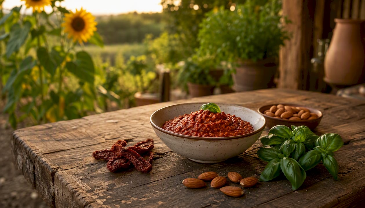 Ein liebevoll arrangiertes Pesto Rosso mit frisch gerösteten Mandeln auf einem rustikalen Holztisch – in der Nahaufnahme kommen die intensiven Farben und Aromen besonders zur Geltung.