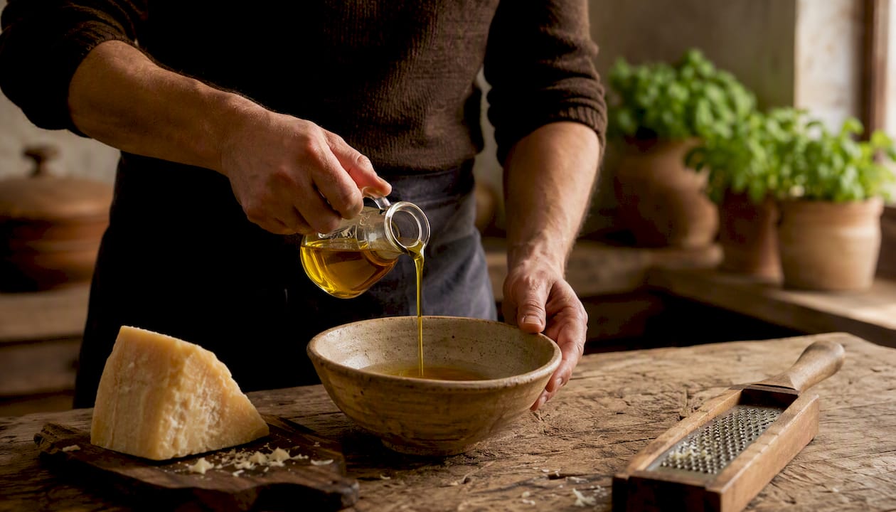 Mit ein paar gekonnten Handgriffen werden Olivenöl und Pecorino unter die Sauce gemischt.