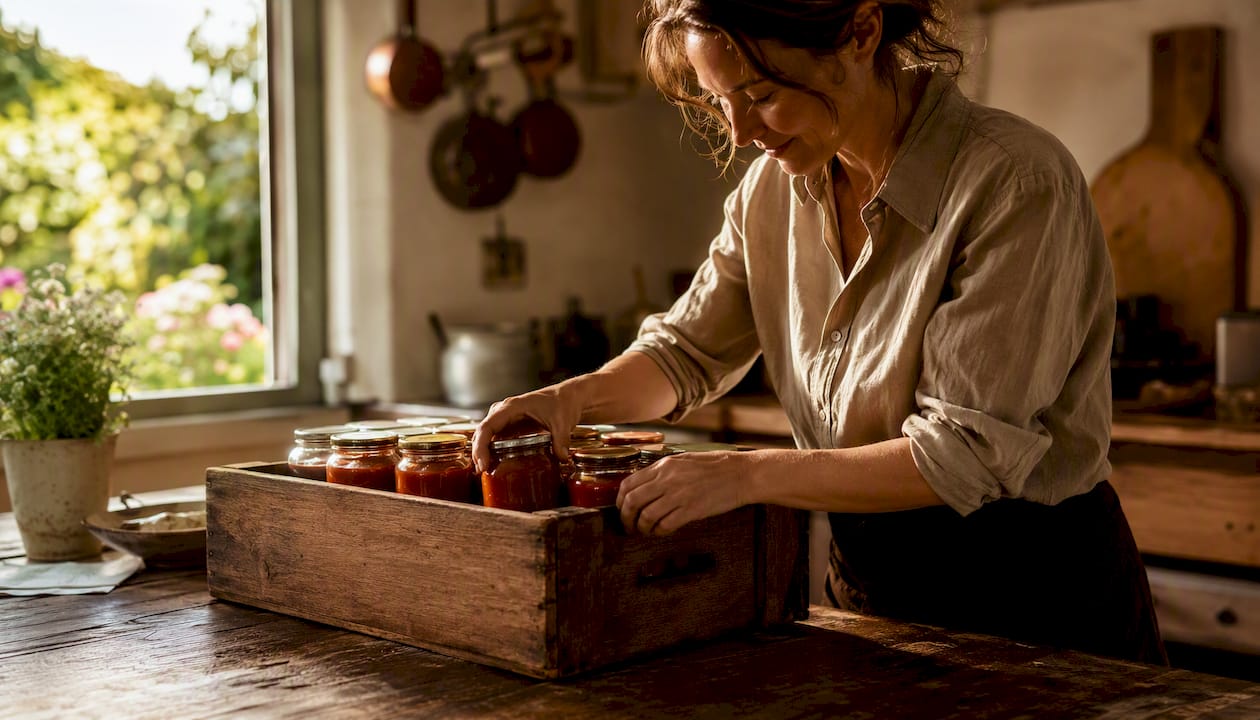 Ein Mann sortiert liebevoll selbstgemachte Tomatensaucen auf der Küchenarbeitsplatte und stellt die Gläser ordentlich nebeneinander.