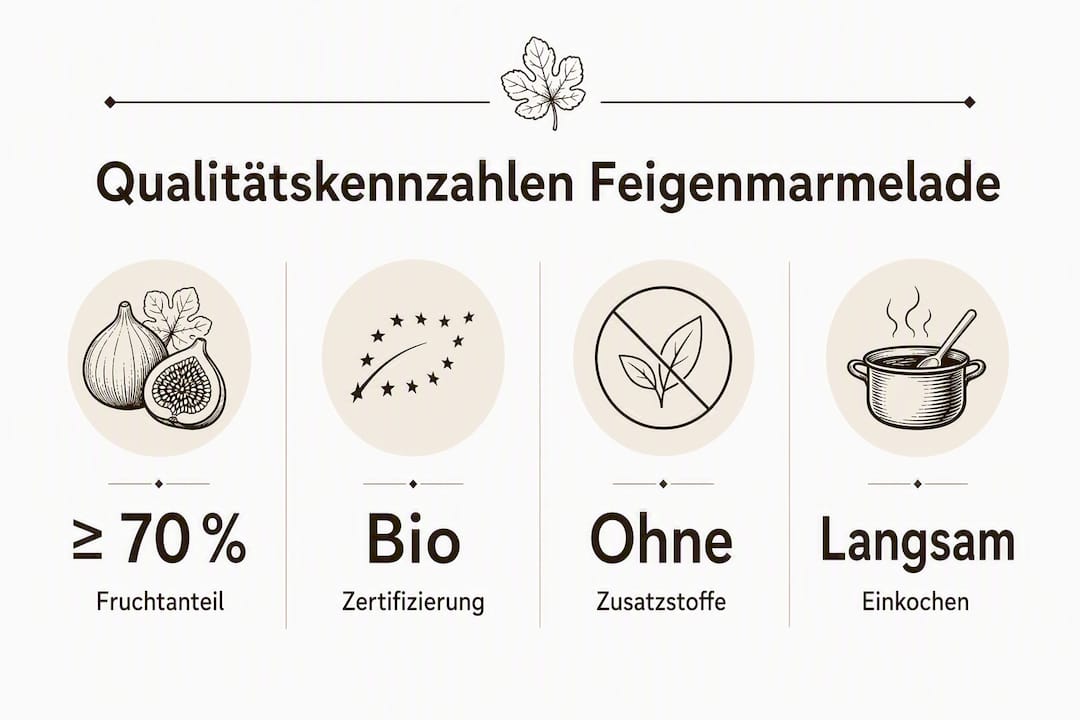 Übersicht der wichtigsten Qualitätsmerkmale von Feigenmarmelade – anschaulich dargestellt in einer Infografik.