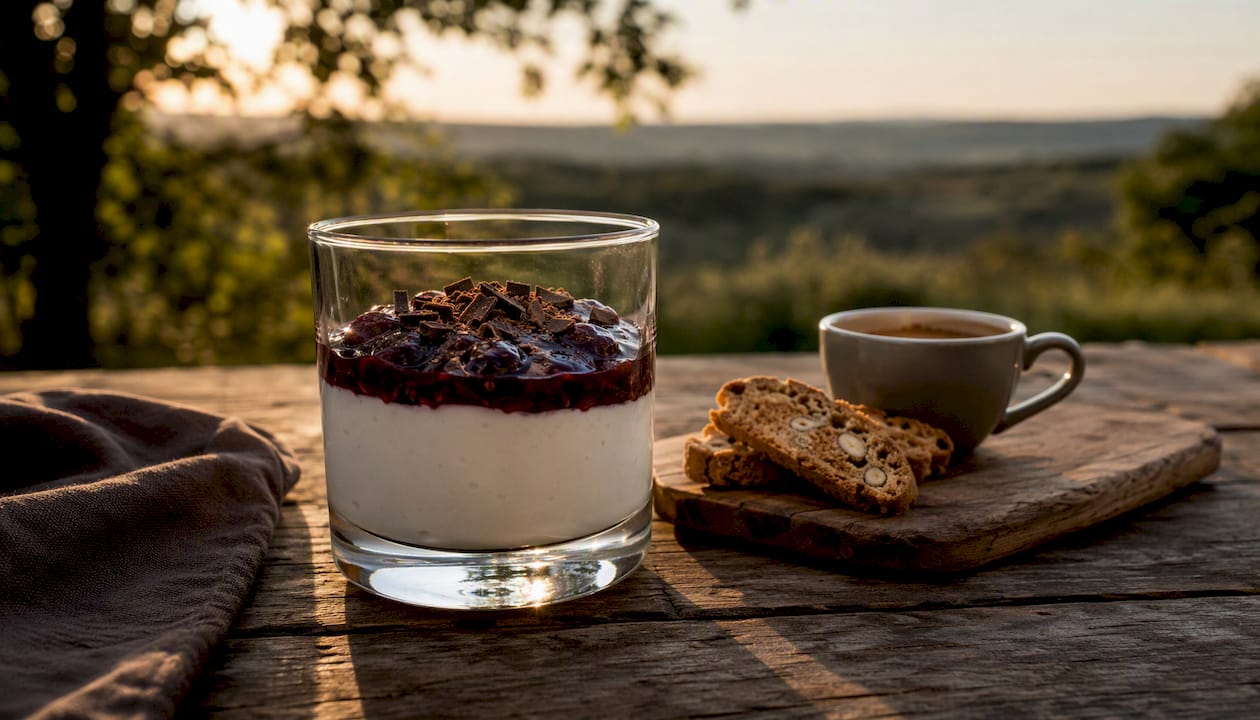 Feines Mascarpone-Mousse, dazu knusprige Biscotti und ein frisch gebrühter Espresso.