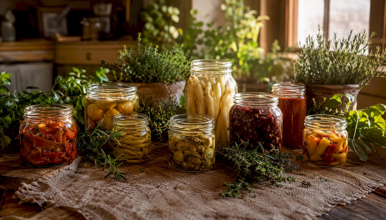 Detailaufnahme von liebevoll eingemachten italienischen Confetture in rustikalen Gläsern