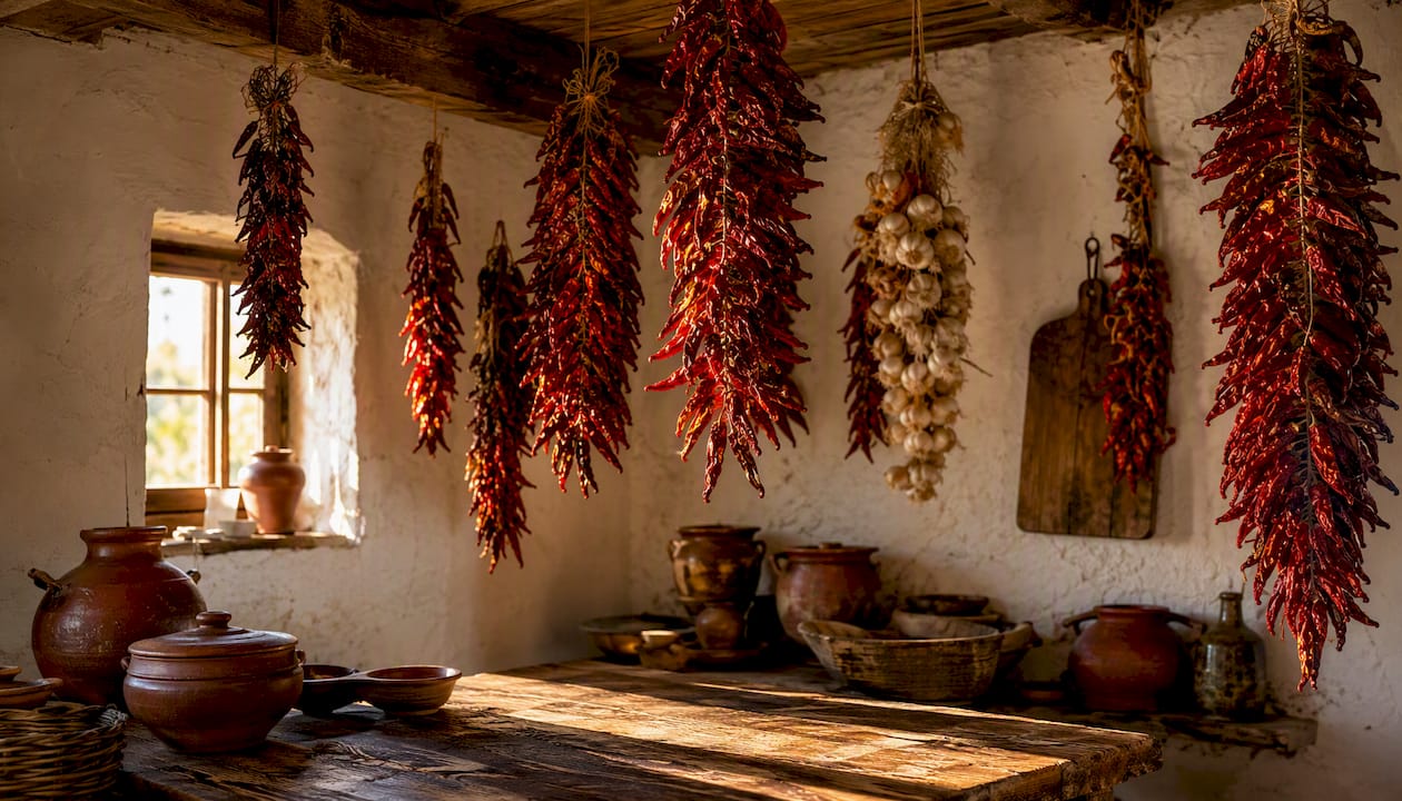 In den Küchen Kalabriens hängen oft bunte Ketten aus getrockneten Chilischoten – ein echter Blickfang und zugleich unverzichtbar für die typische regionale Küche.