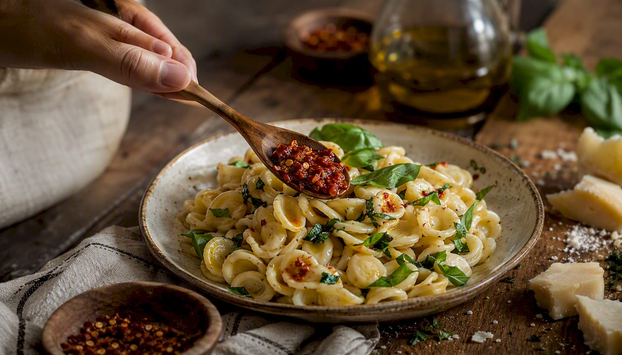 Ein Löffel würzige Calabrese-Chilipaste wird über Pasta mit frisch geriebenem Käse gegeben.