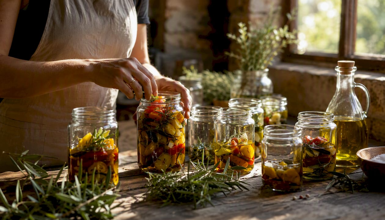 Mit viel Liebe werden frisches Gemüse und Olivenöl von Hand in die Antipasti-Gläser gefüllt.