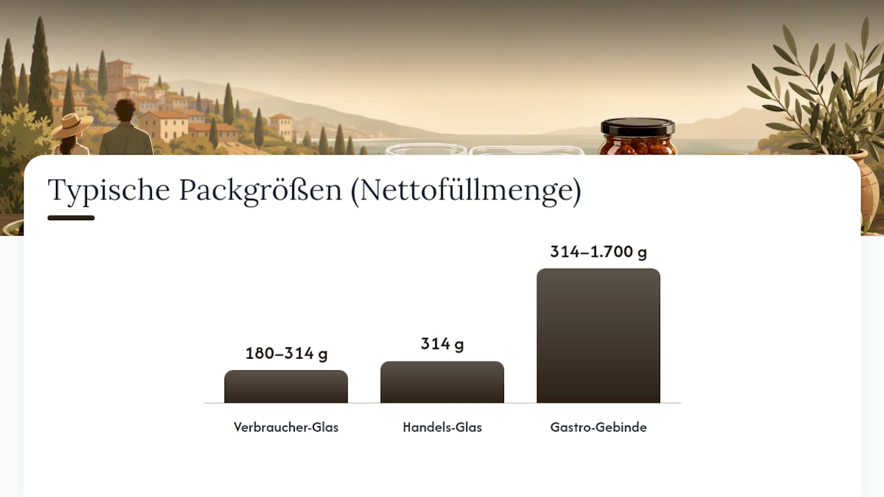 Übersicht der Antipasti-Verpackungsgrößen und ihrer Vertriebswege