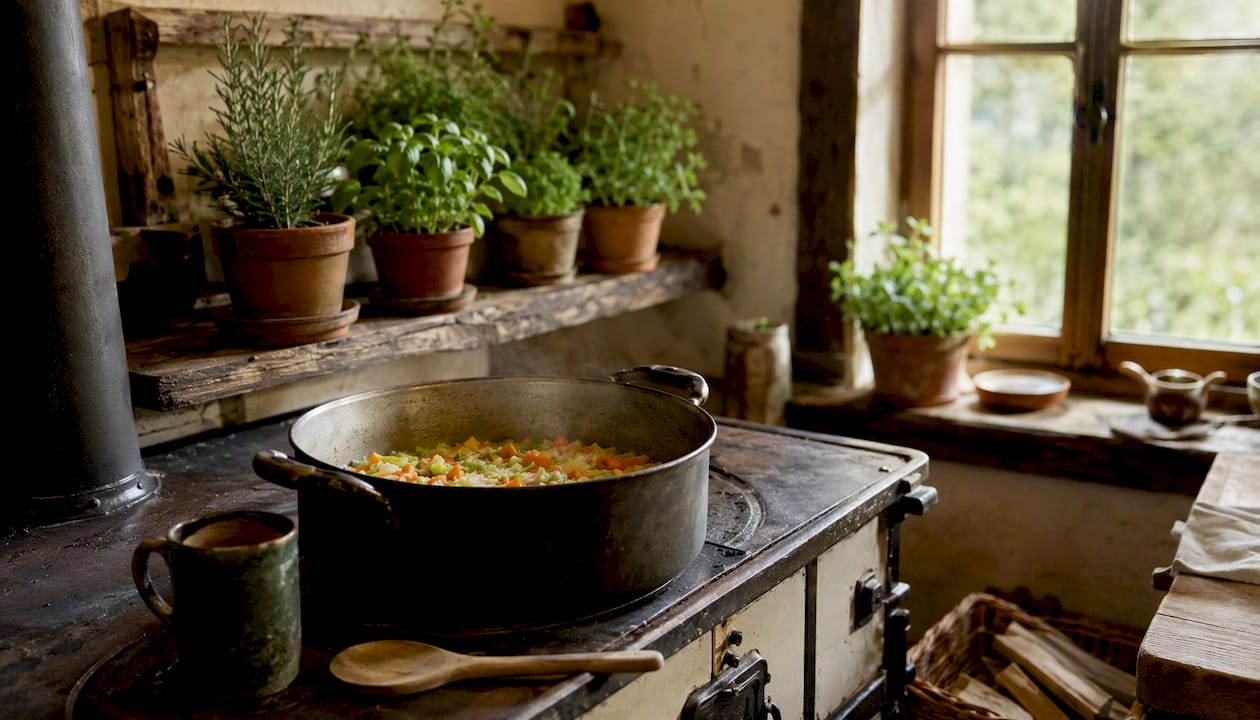 Zwiebeln, Sellerie und Karotten brutzeln in der Pfanne und entfalten ihr volles Aroma.