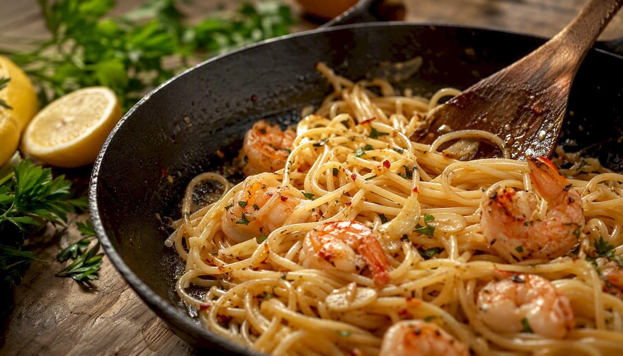 Spaghetti mit Garnelen in Knoblauchöl aus der Pfanne