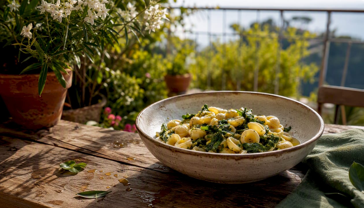 Orecchiette mit frischem Blattgemüse und hochwertigem Olivenöl – ein mediterranes Genuss-Erlebnis im Garten.
