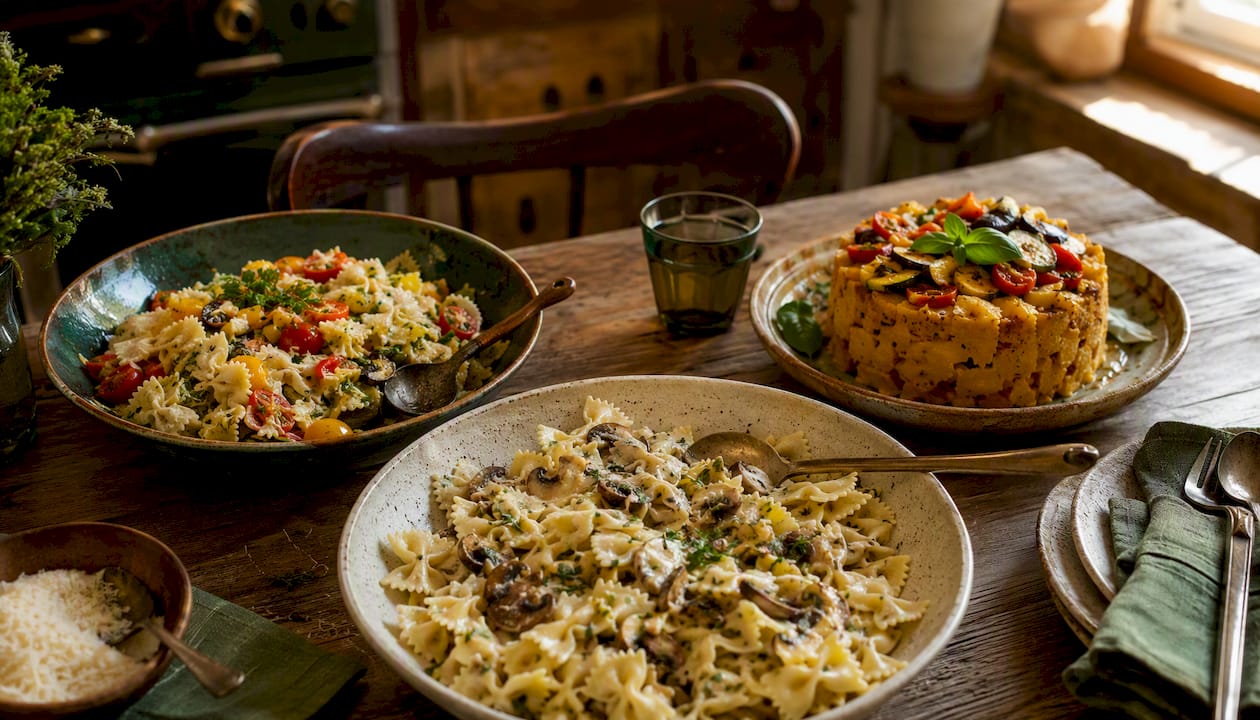 Vielfältige Farfalle-Gerichte liebevoll auf einem rustikalen Holztisch angerichtet