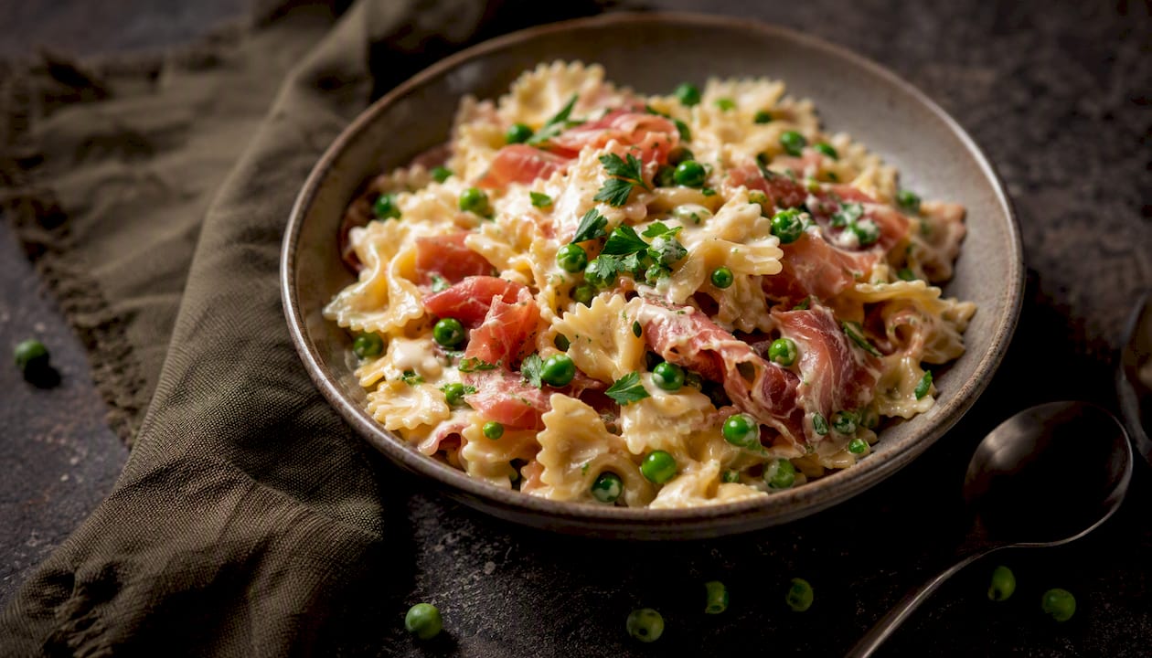 Farfalle in cremiger Sauce mit Prosciutto und zarten Erbsen