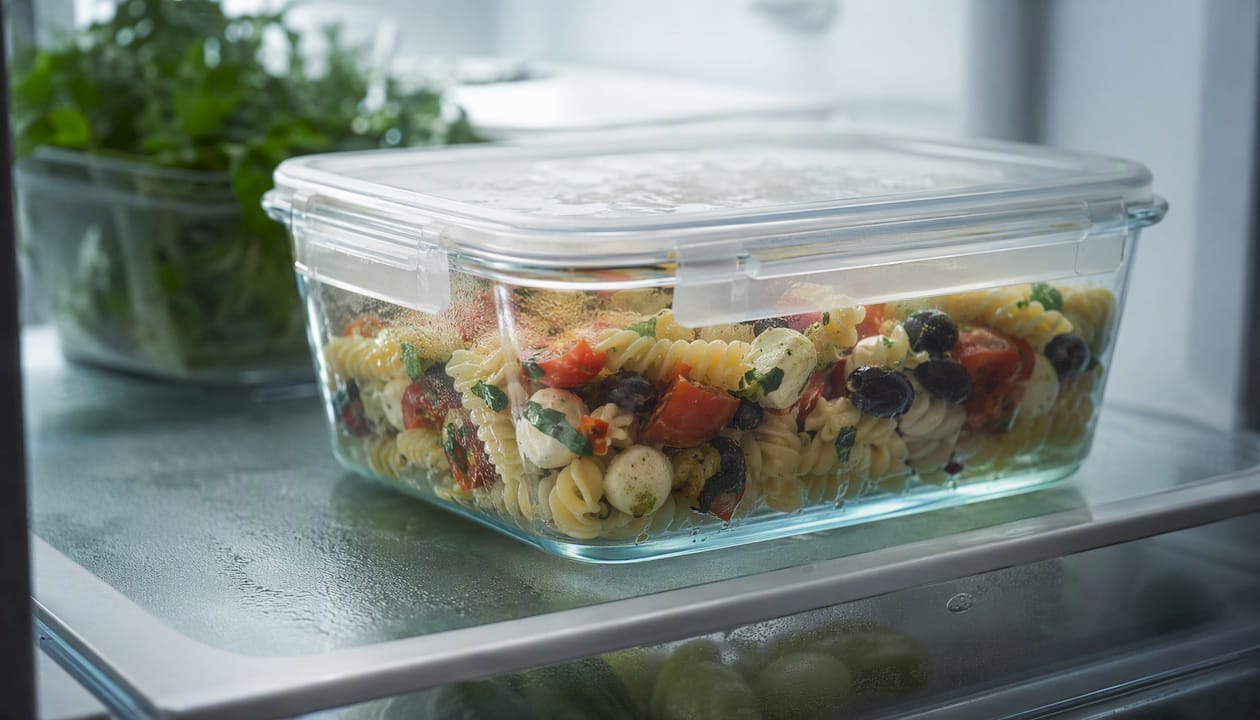 Nudelsalat hält sich im Kühlschrank am besten, wenn er luftdicht verschlossen aufbewahrt wird.