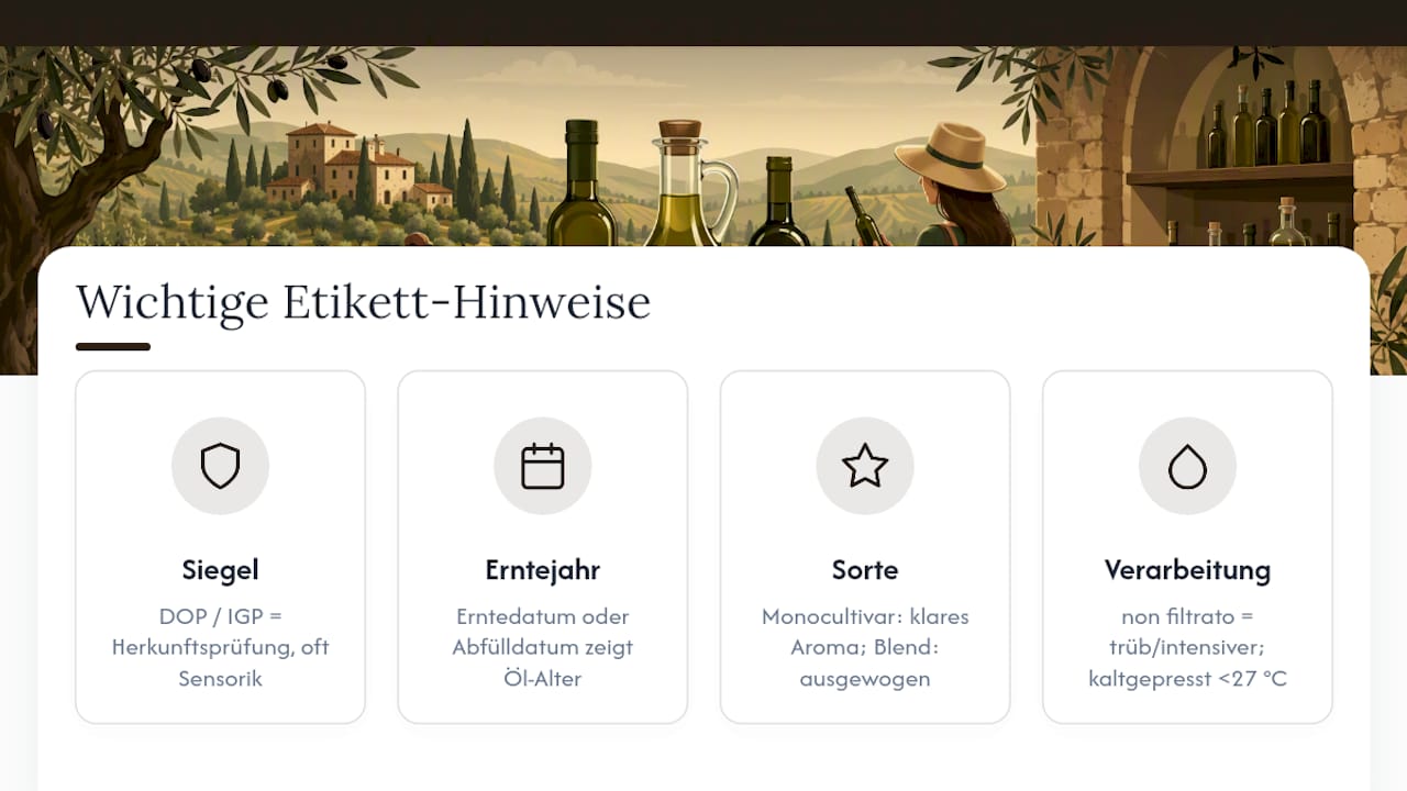 Übersicht der wichtigsten Olivenöl-Klassifizierungen und Qualitätsmerkmale auf dem Etikett