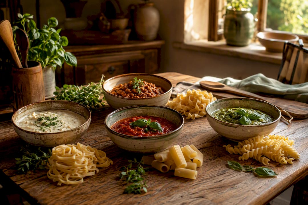 Verschiedene handgemachte Saucen, passend zu ausgewählten Pastasorten, liebevoll auf einem rustikalen Holztisch angerichtet.