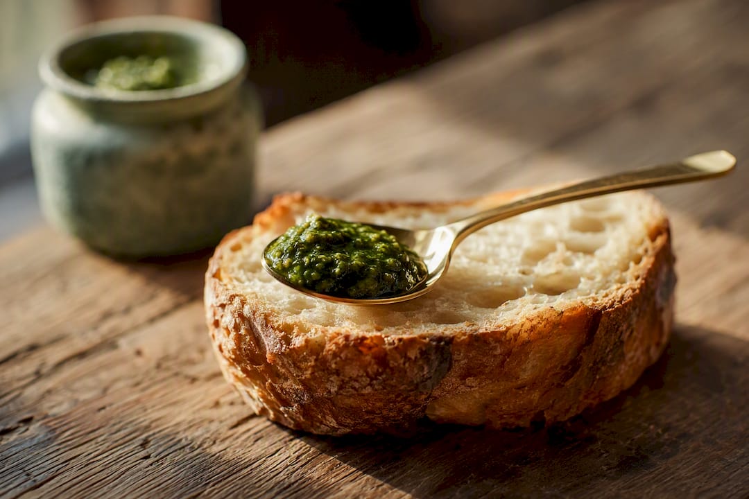 Portion Pesto auf einem Messer über Brot