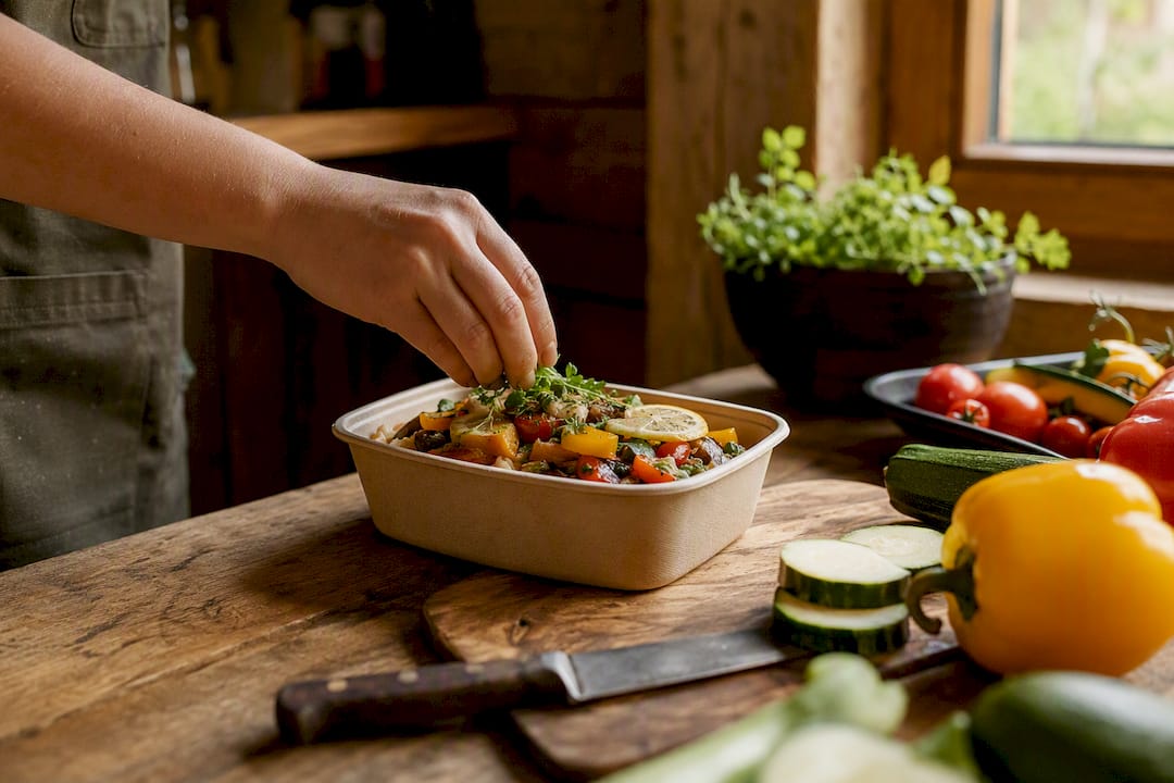 Hände stellen veganes Fertiggericht in die Mikrowelle
