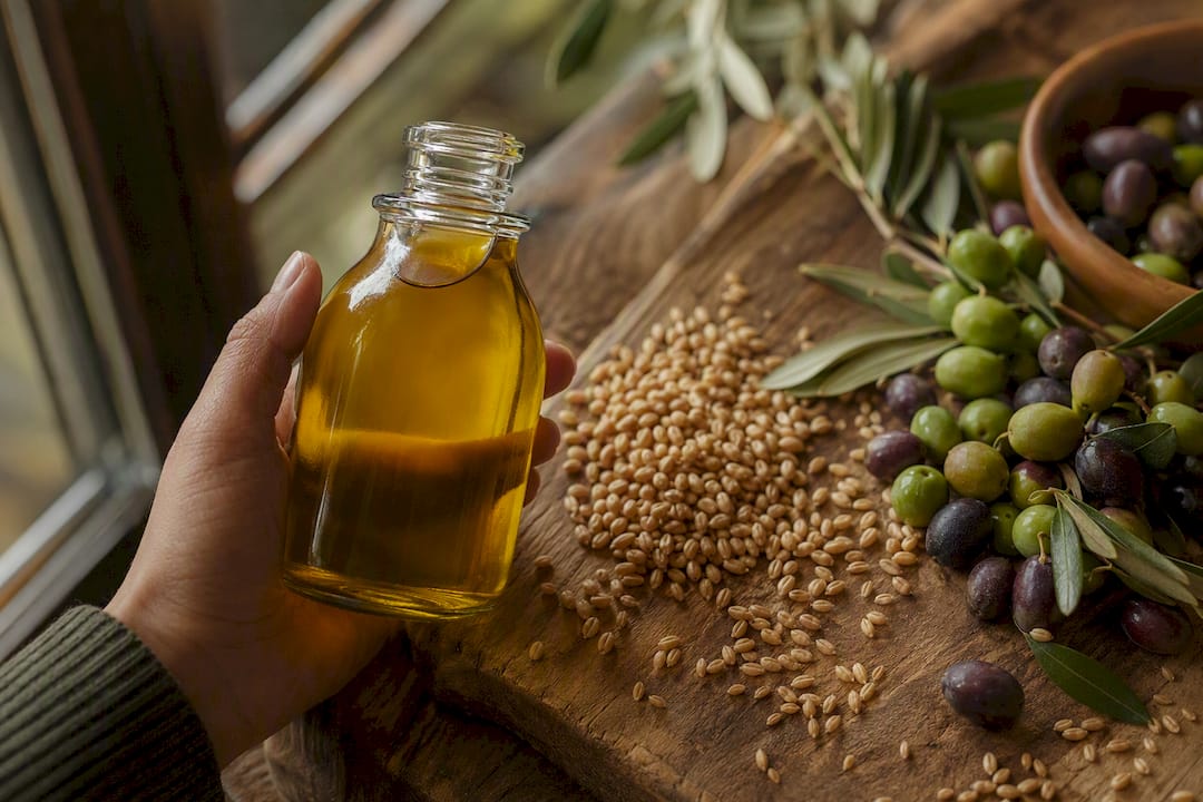 Nahaufnahme von mediterranem Olivenöl und Getreide