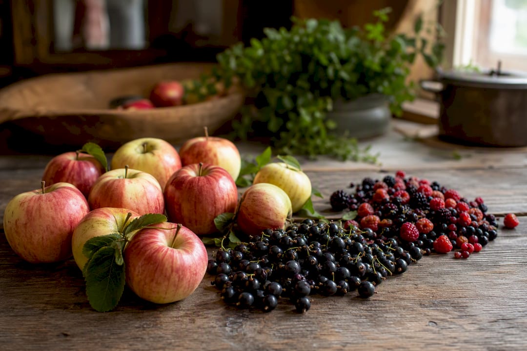 Frische Äpfel und Beeren auf einem Holzbrett