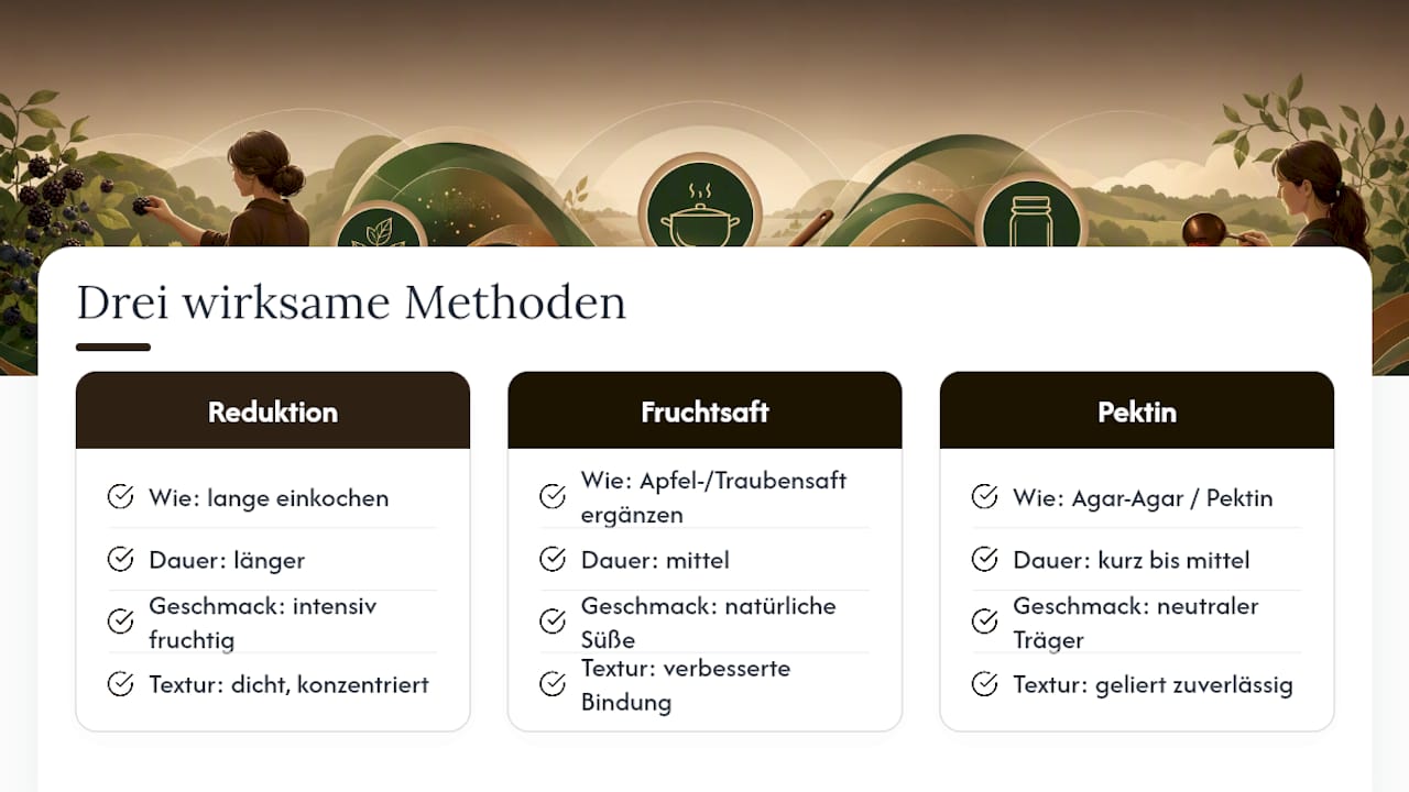 Vergleichsdiagramm von drei zuckerfreien Marmeladenherstellungsmethoden