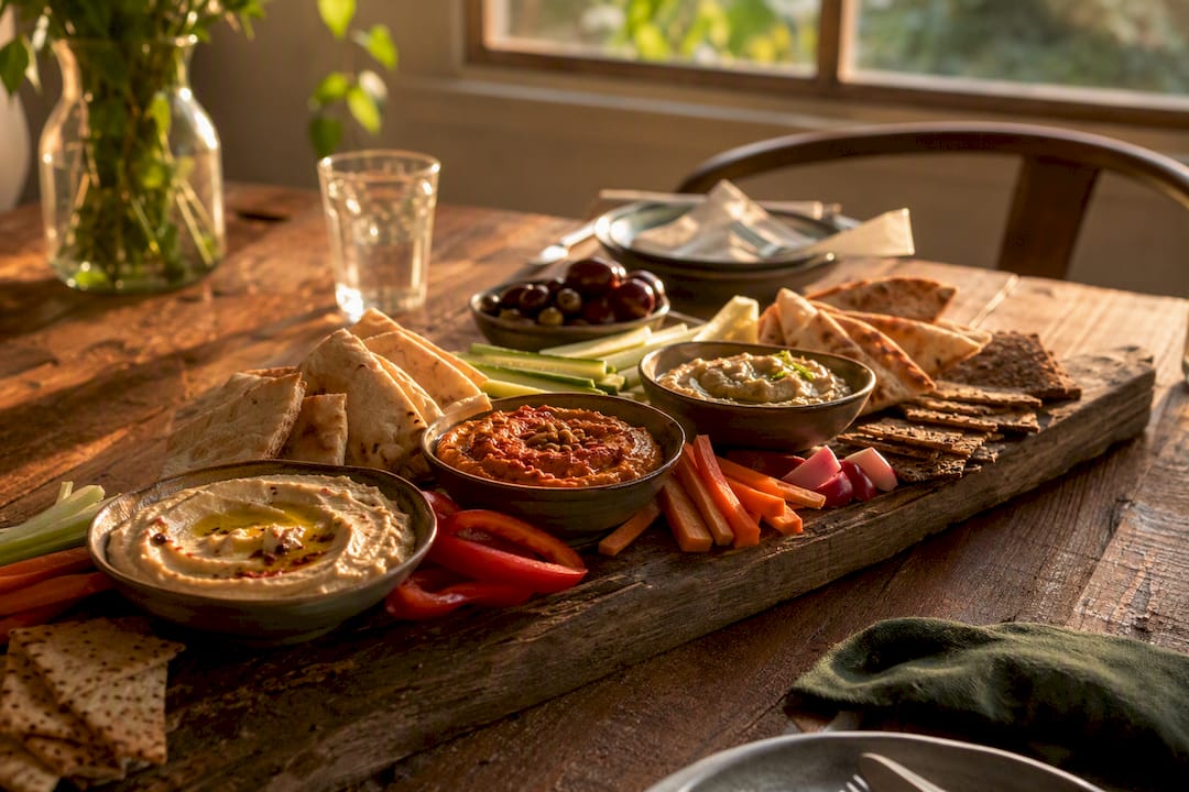 Holzbrett mit mediterranen Dips und Brot