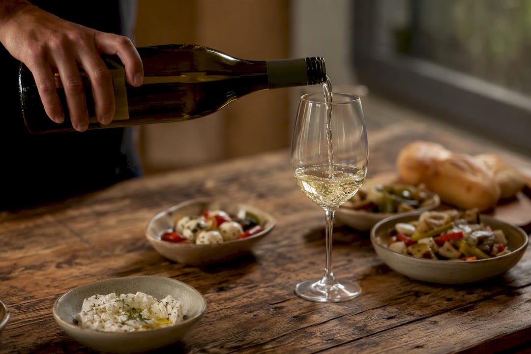 Weißwein wird über Antipasti-Gerichte gegossen