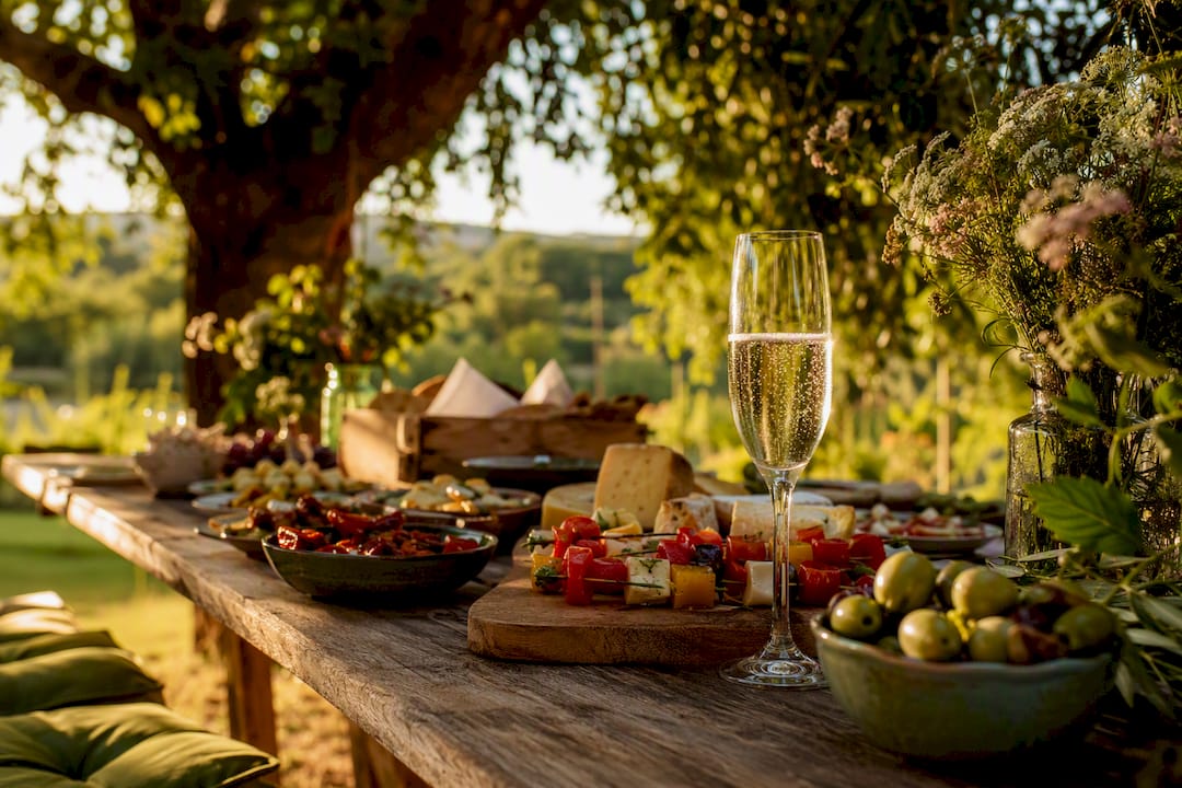 Sektglas mit gemischtem Antipasti-Buffet