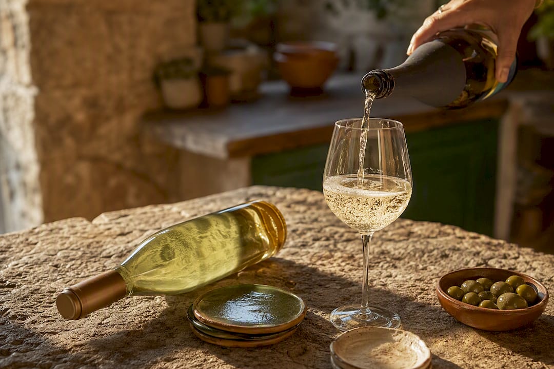 Glas Prosecco und Flasche Vermentino auf einem Holztisch