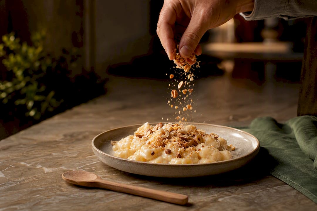 Geröstete Haselnüsse auf cremigen Gnocchi