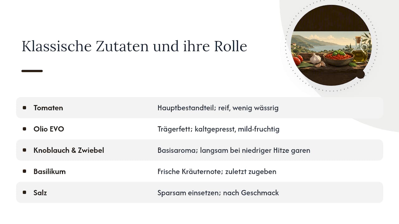 Übersicht der Zutaten für einen einfachen Sugo al Pomodoro