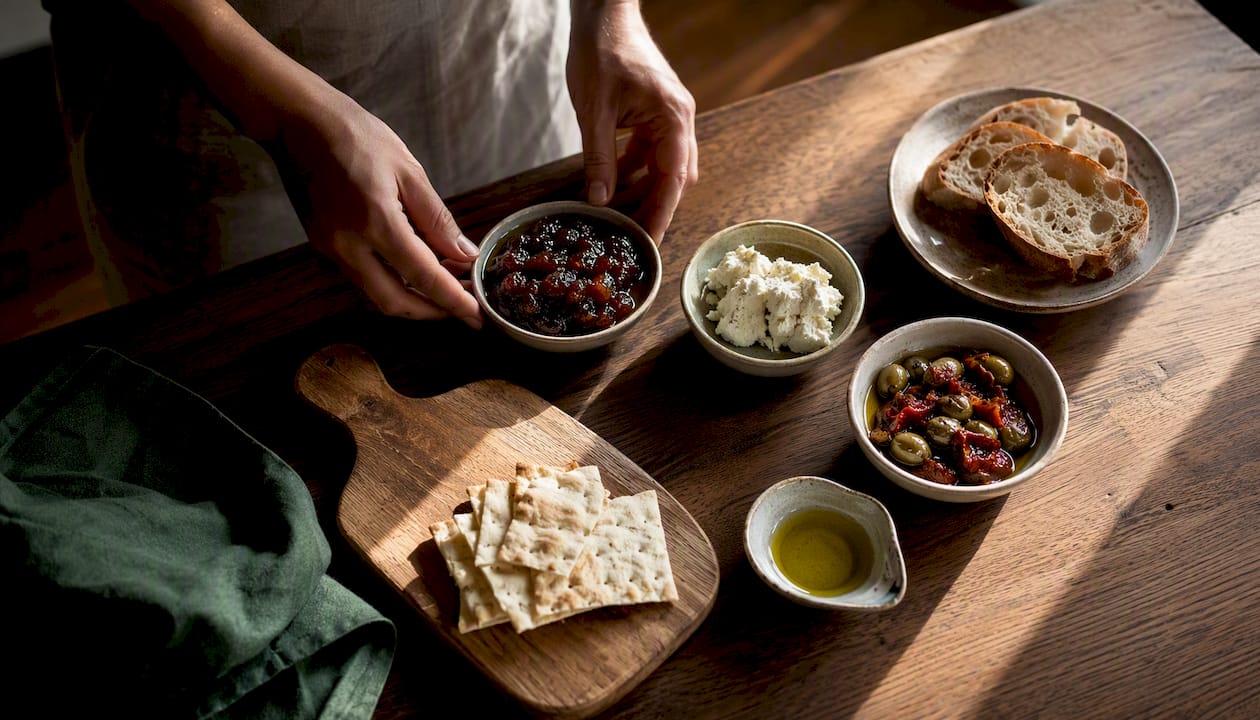 Fruchtaufstrich, Käse und Antipasti bei der Verkostung