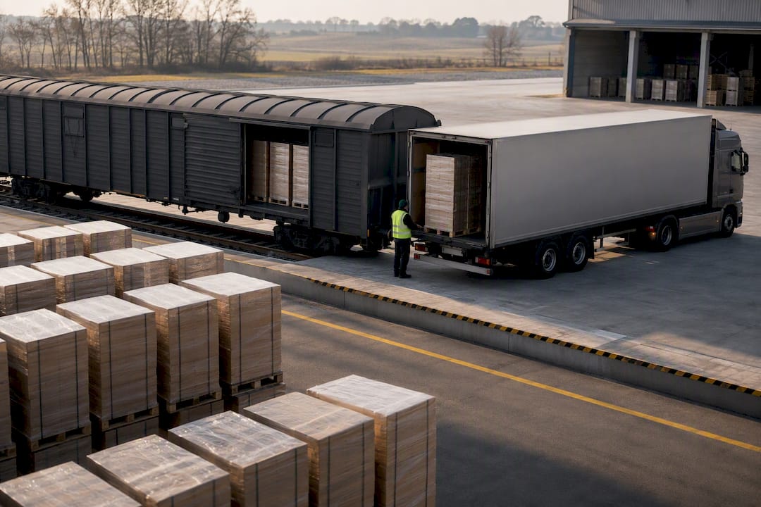 Umladen von Güterwaggon auf Lkw