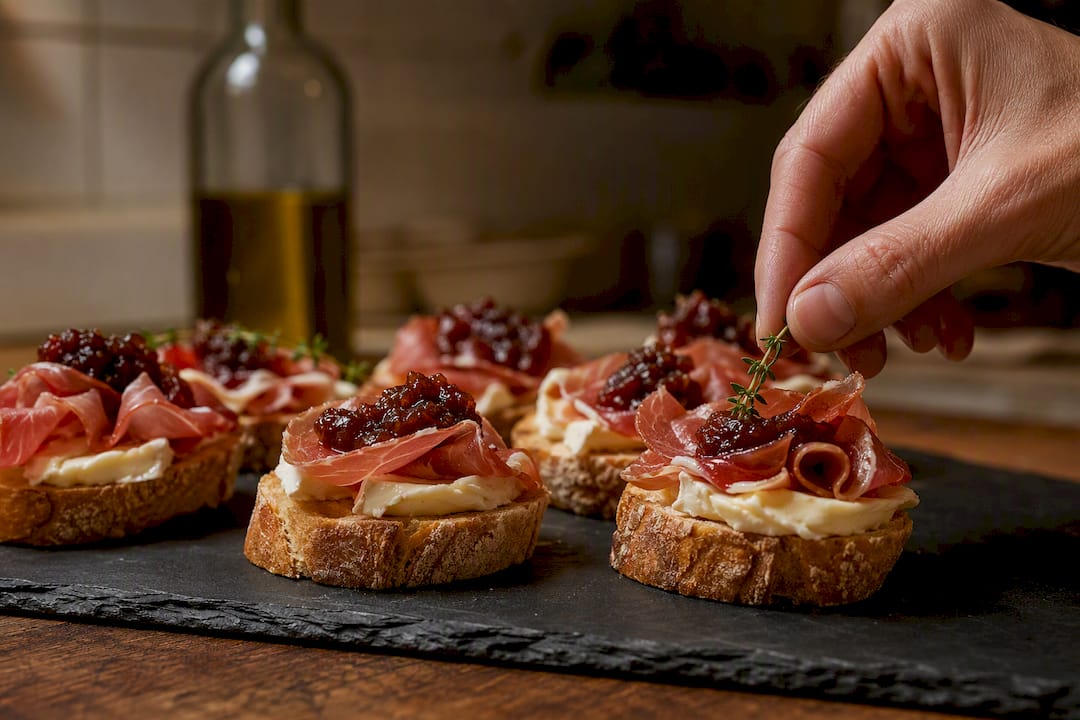 Crostini mit Käse, Salami und Marmelade
