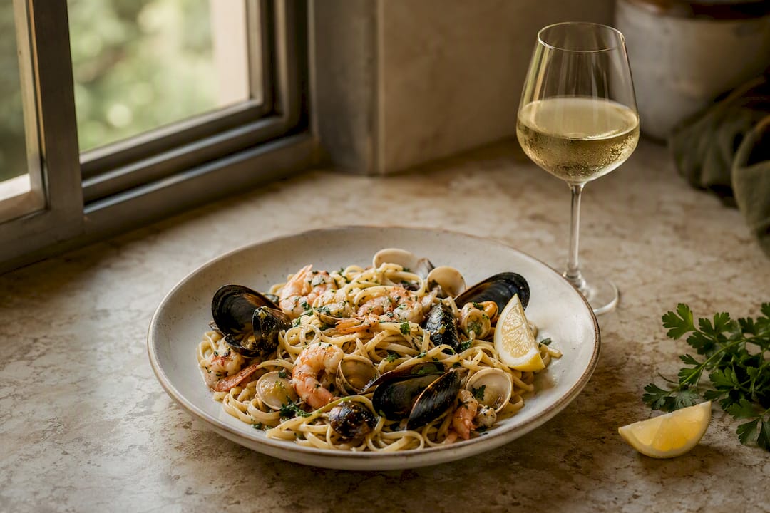 Pasta mit Muscheln und gekühltem Weißwein