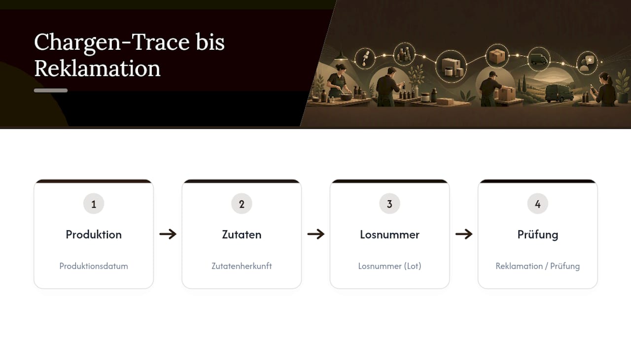 Drei Felder in einem Chargenrückverfolgungsbericht