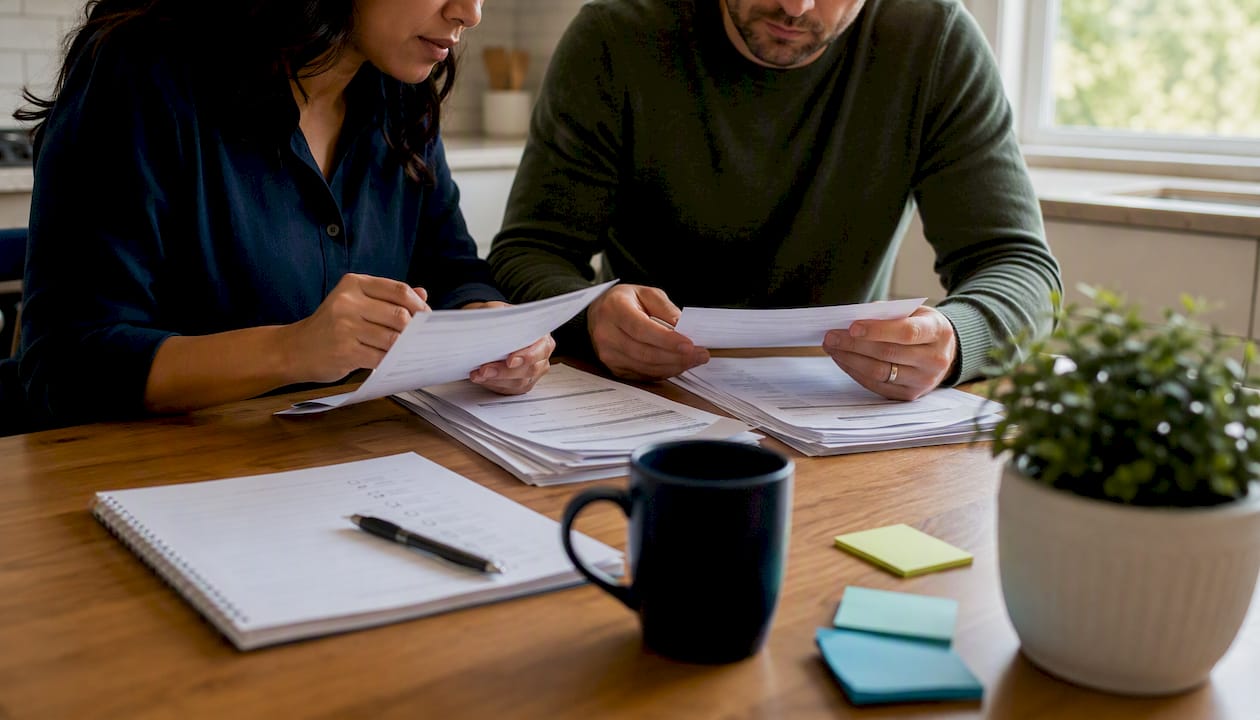 Overhead view of hands organizing income and expense paperwork