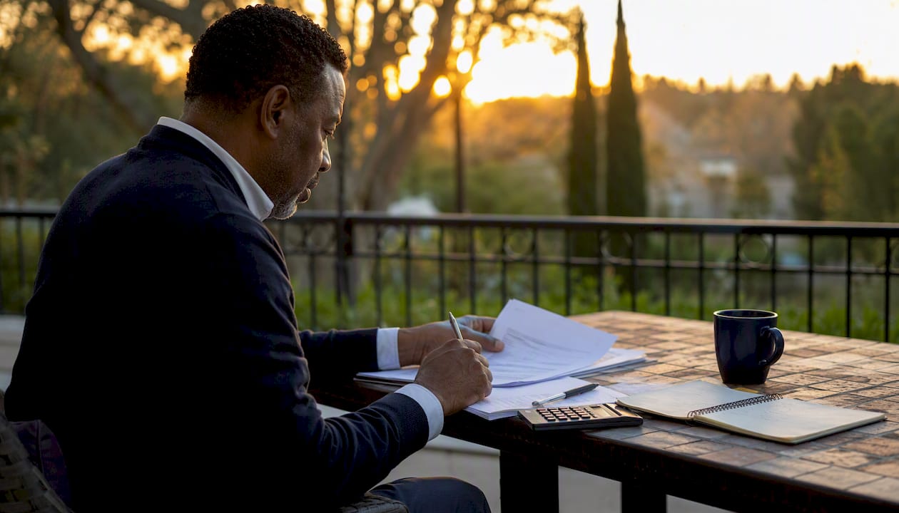 Man calculating rental mortgage refinancing paperwork