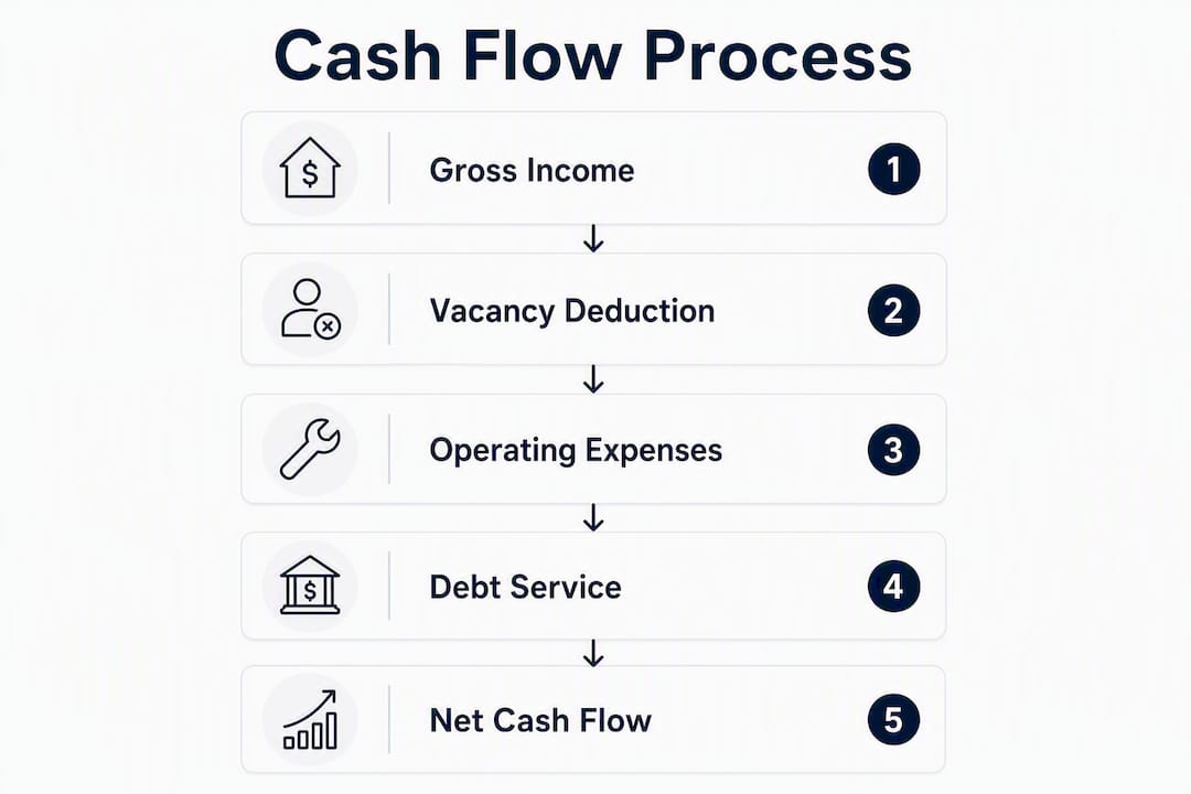 Vertical flow infographic outlining cash flow calculation steps