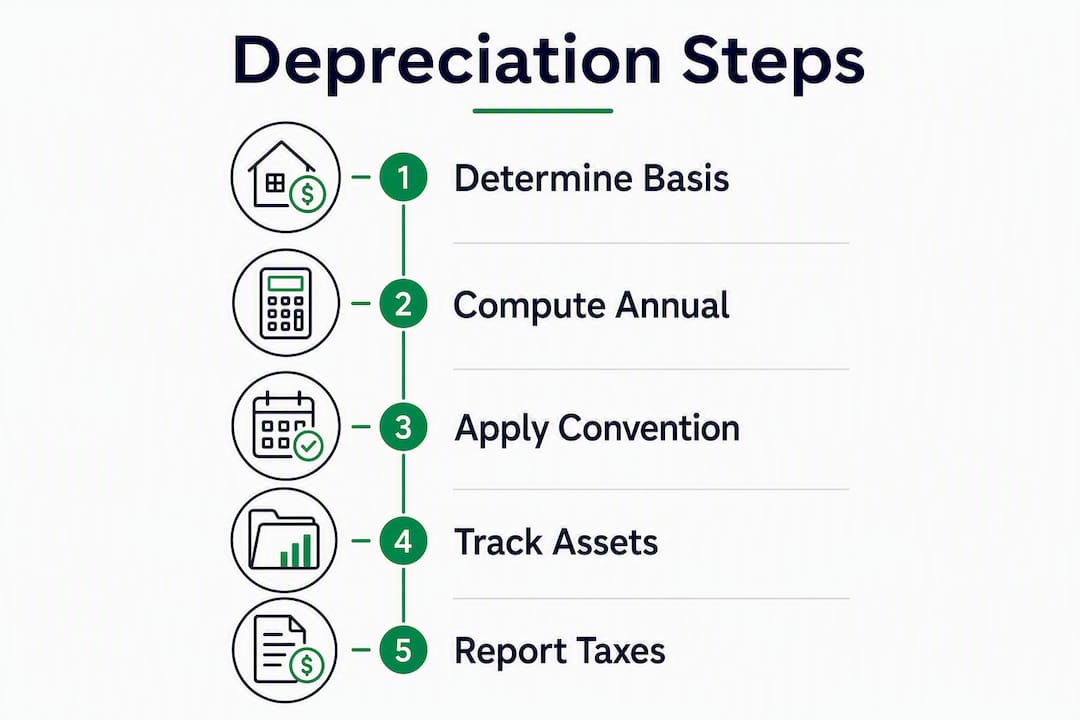 Infographic showing steps to calculate rental property depreciation