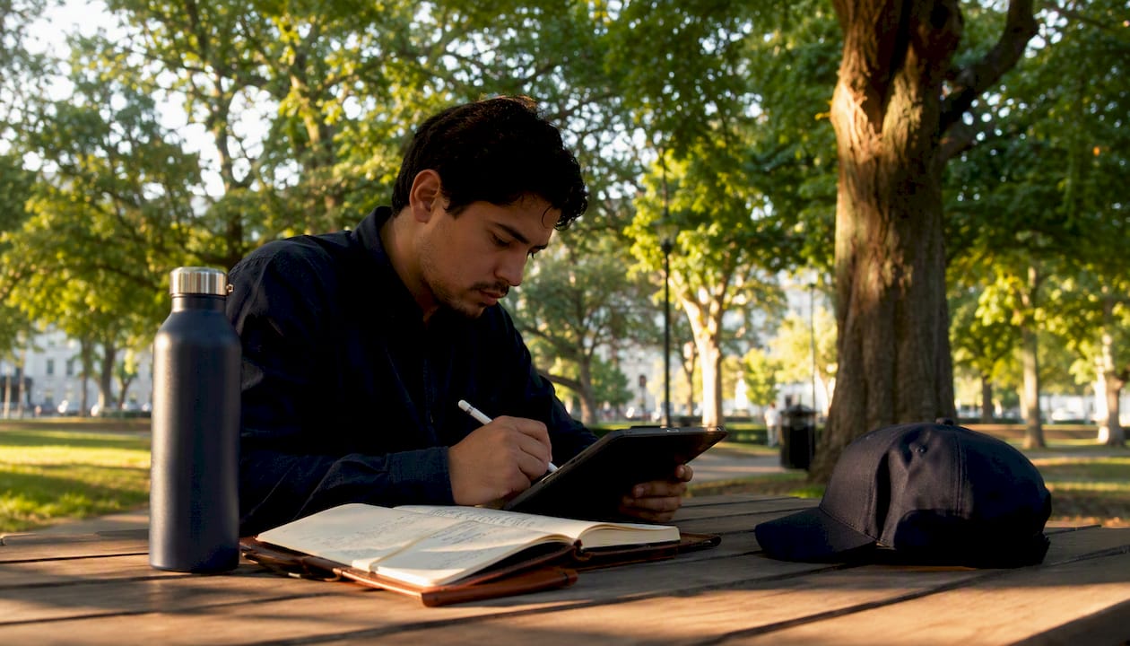 Investor analyzing deals on tablet in outdoor café