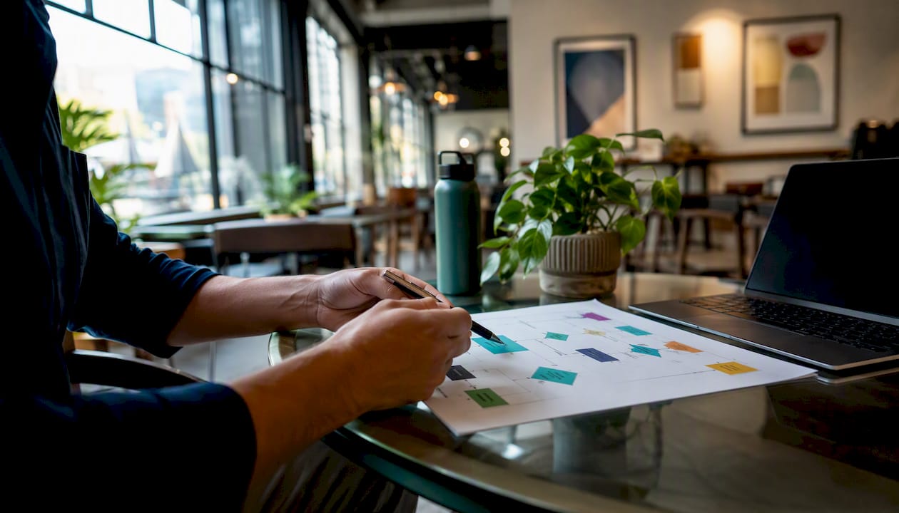 Hands pointing at software categories flowchart