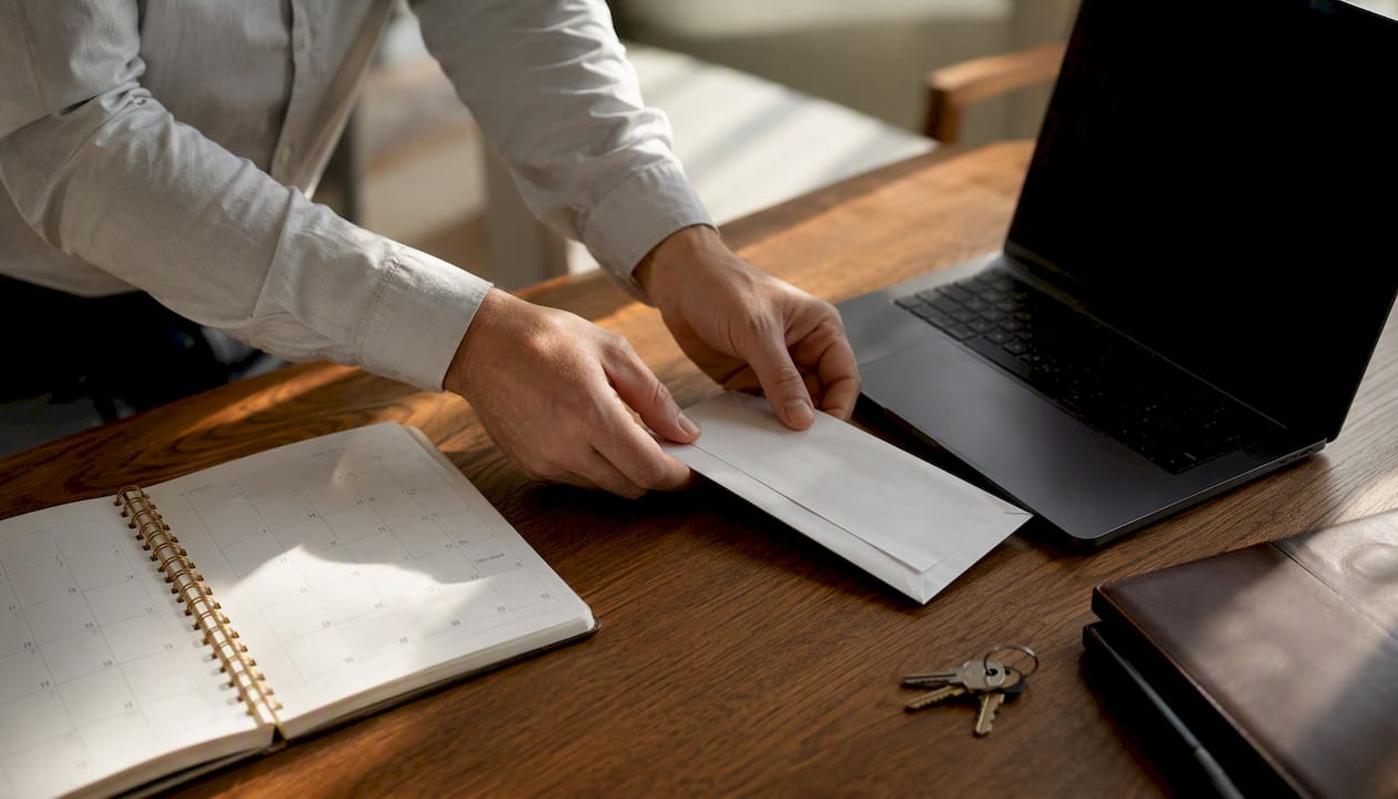 Hands placing identification notice on desk with calendar