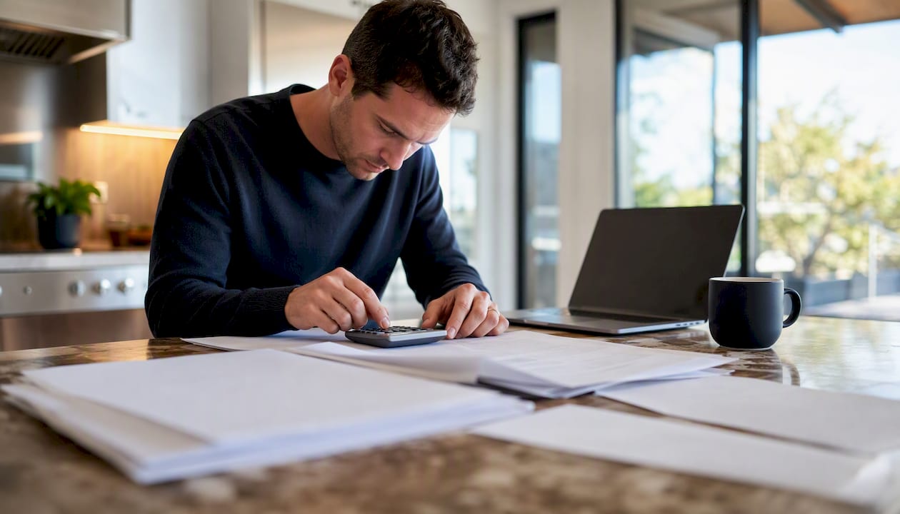Investor calculating underwriting metrics at desk