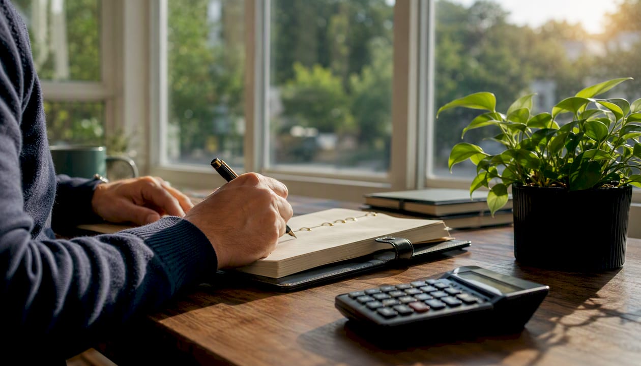 Hands entering rent data into ledger at desk