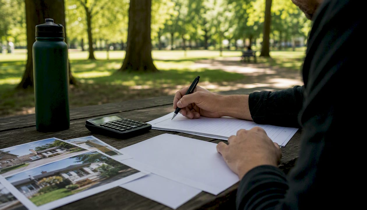 Hands sorting real estate photos and calculator on wooden table